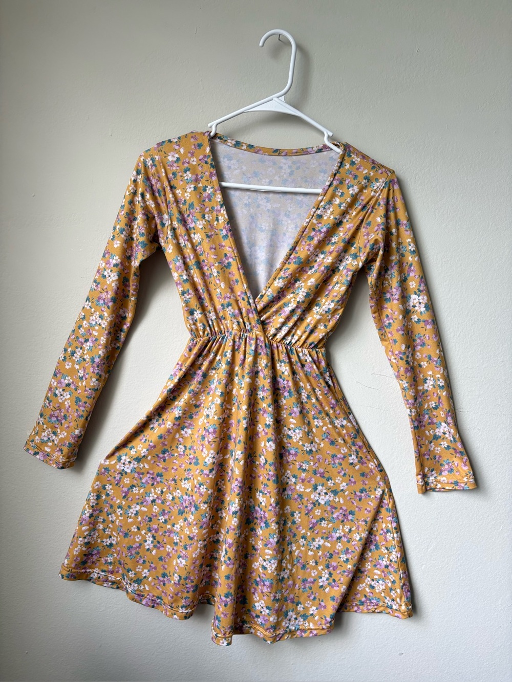 Beauti Floral Wrap Mini Dress Mustard Yellow Long Sleeve Size S Est.